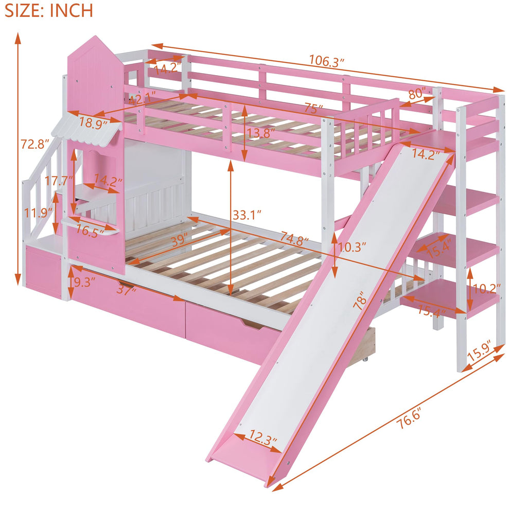 Twin Over Twin Bunk Bed with Slide, 2 Drawers & 3 Shelves K9568