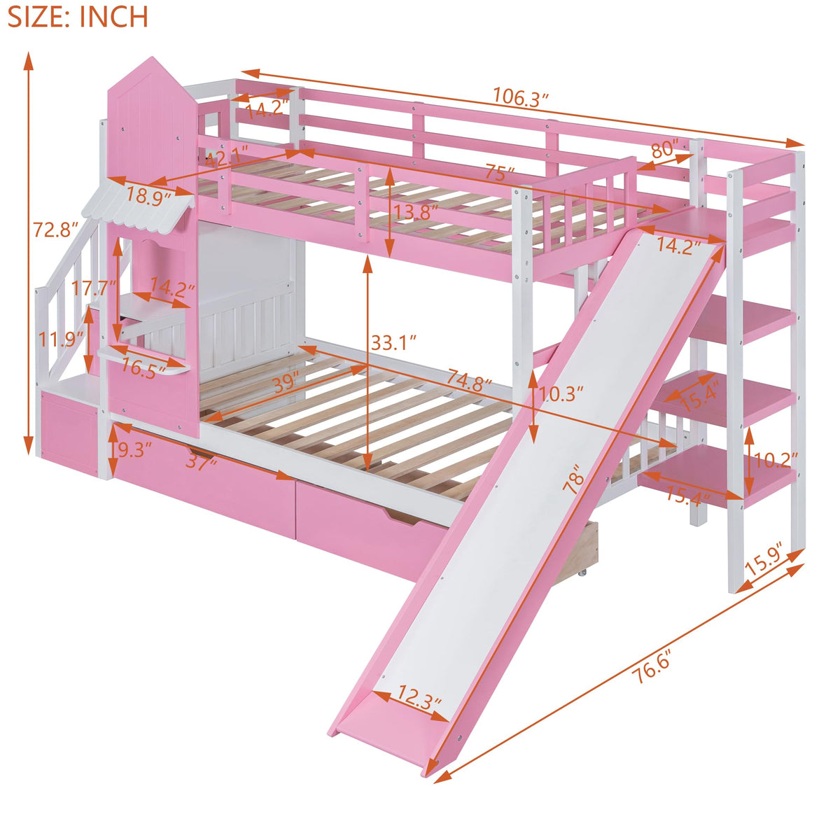 Twin Over Twin Bunk Bed with Slide, 2 Drawers & 3 Shelves K9568