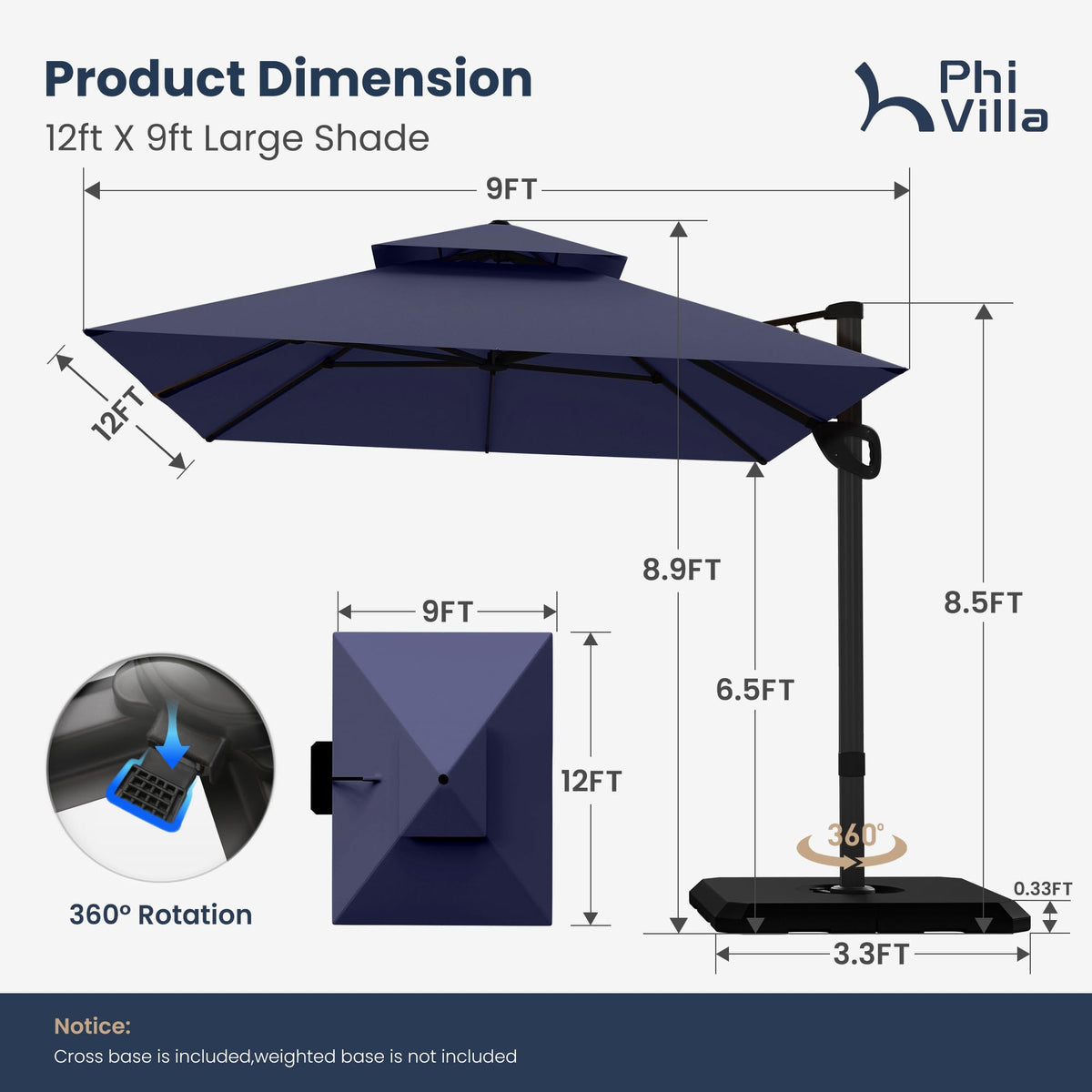 9'x12' Navy Cantilever Patio Umbrella with Base K24729