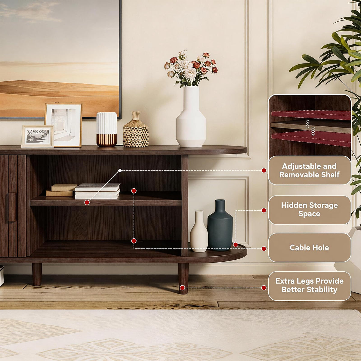 65" Walnut Wood TV Stand with Power Outlet and Sliding Doors U233880