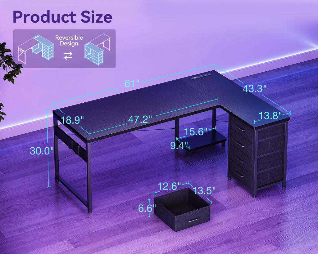 61" L Shaped Gaming Desk with 4 Drawers and Power Outlets, Black M211342