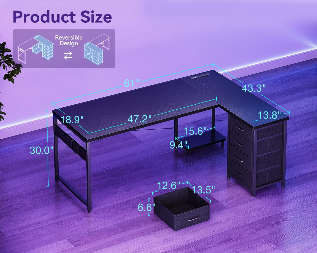 61" L Shaped Gaming Desk with 4 Drawers and Power Outlets, Black M211342
