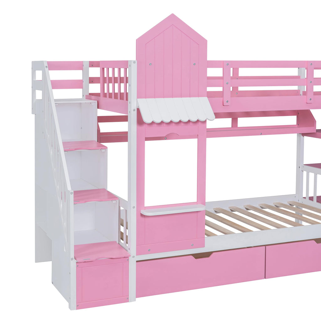 Twin Over Twin Bunk Bed with Slide, 2 Drawers & 3 Shelves K9568