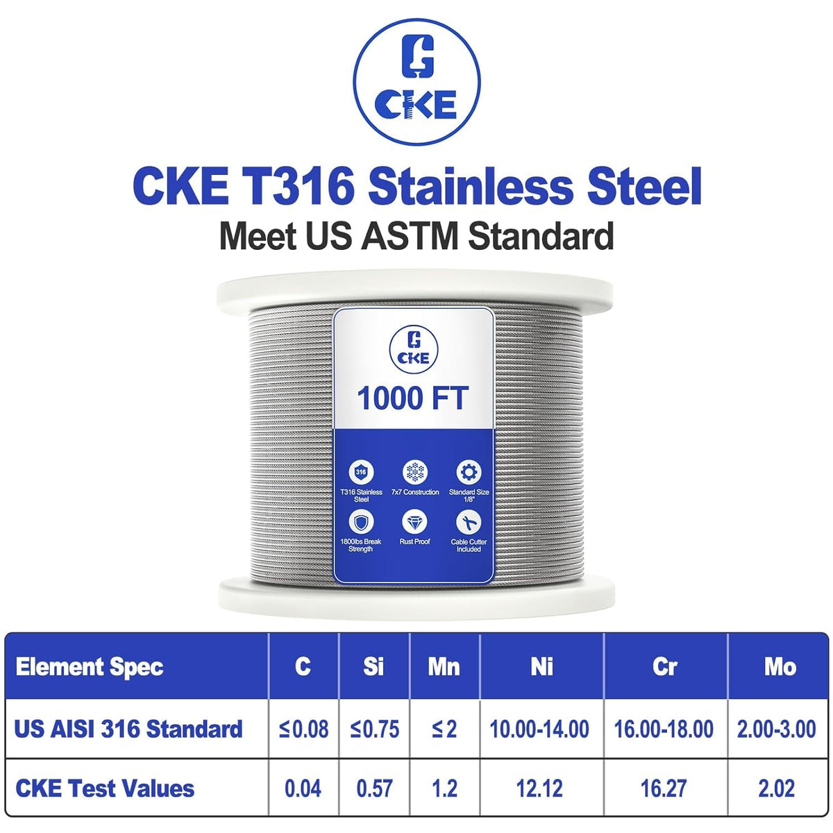 1/8" Stainless Steel Wire Rope Cable 7x7 Strands O2206