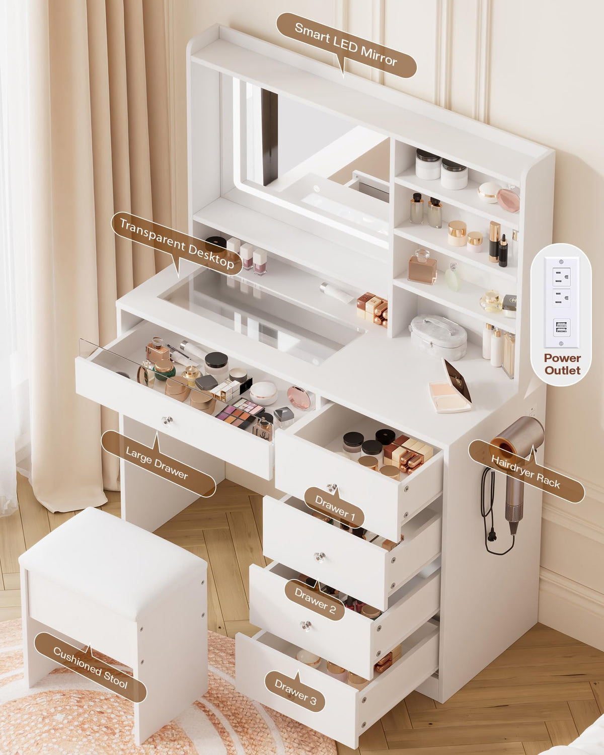 White Vanity Desk Set with Glass Desktop E702868