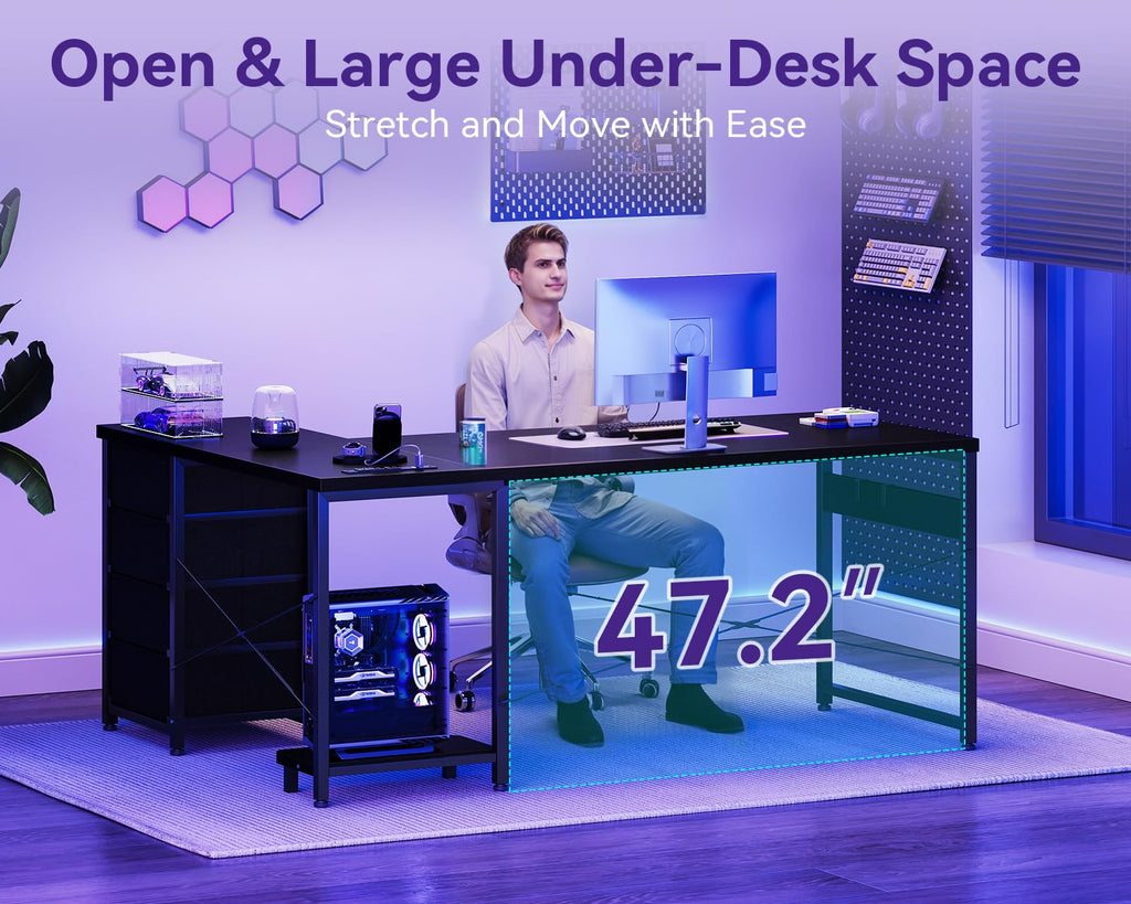 61" L Shaped Gaming Desk with 4 Drawers and Power Outlets, Black M211342