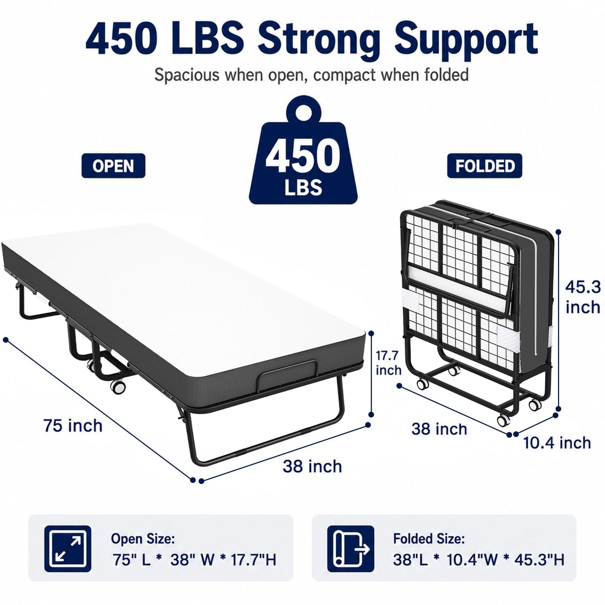 Folding Bed with Mattress Twin 75 x 38 in X4869