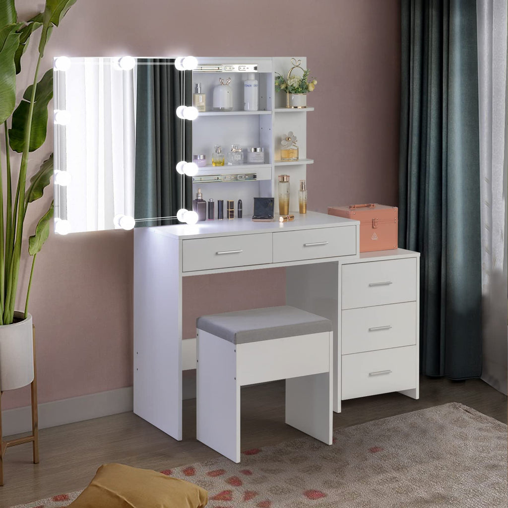 White Vanity Desk with Sliding Mirror R769974
