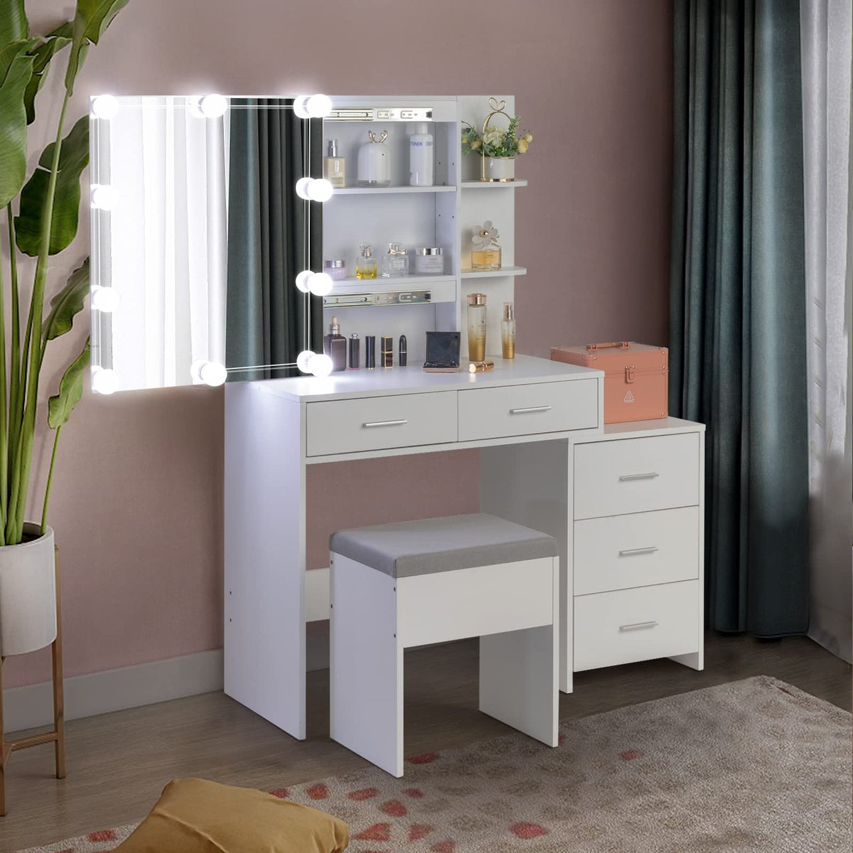 White Vanity Desk with Sliding Mirror R769974