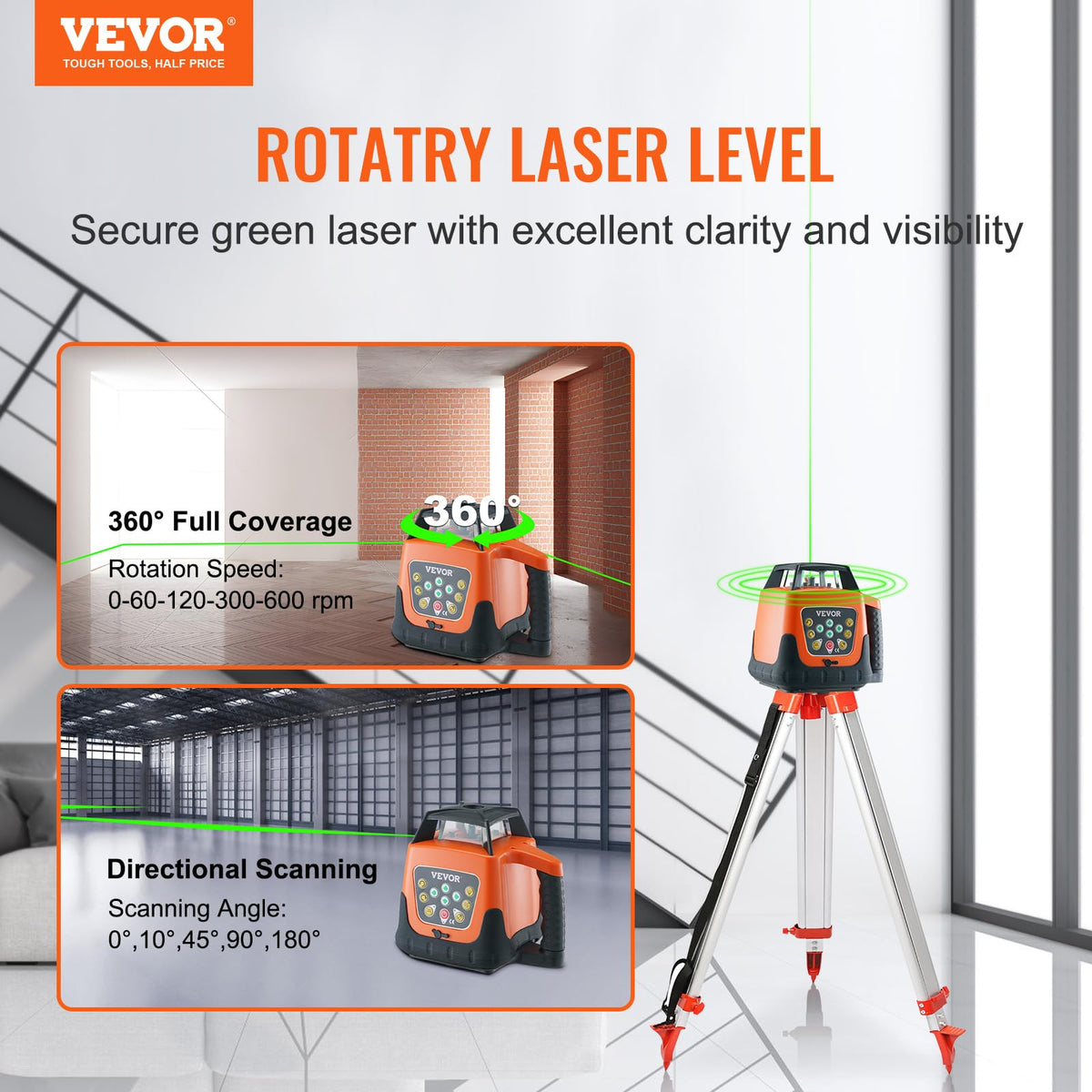 Green 360 Degree Self Leveling Rotary Laser Level Kit with Tripod & Staff I884