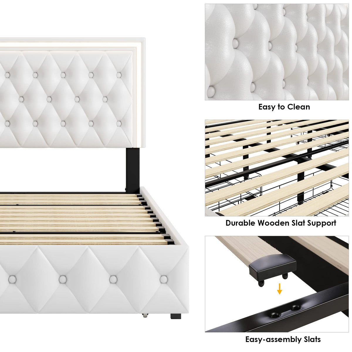 White Full Size LED Bed Frame with 4 Storage Drawers and Adjustable Headboard O505506