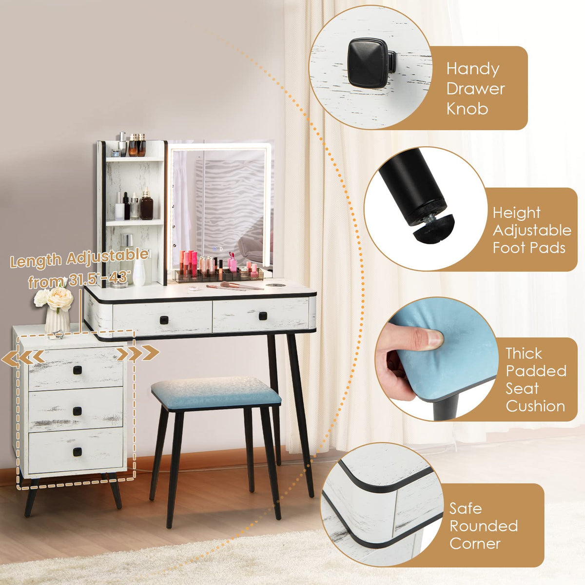 Makeup Vanity Table with Lighted Mirror and Stool R79470