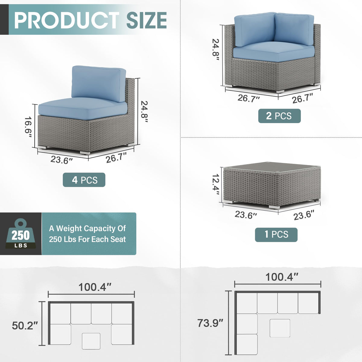 7 Piece Grey Wicker Rattan Patio Furniture Set with Glass Coffee Table N85144