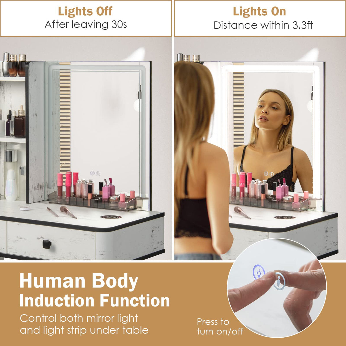 Makeup Vanity Table with Lighted Mirror and Stool R79470