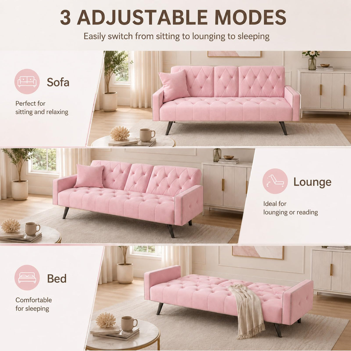 Pink Velvet 2 in 1 Futon Sofa Bed H155