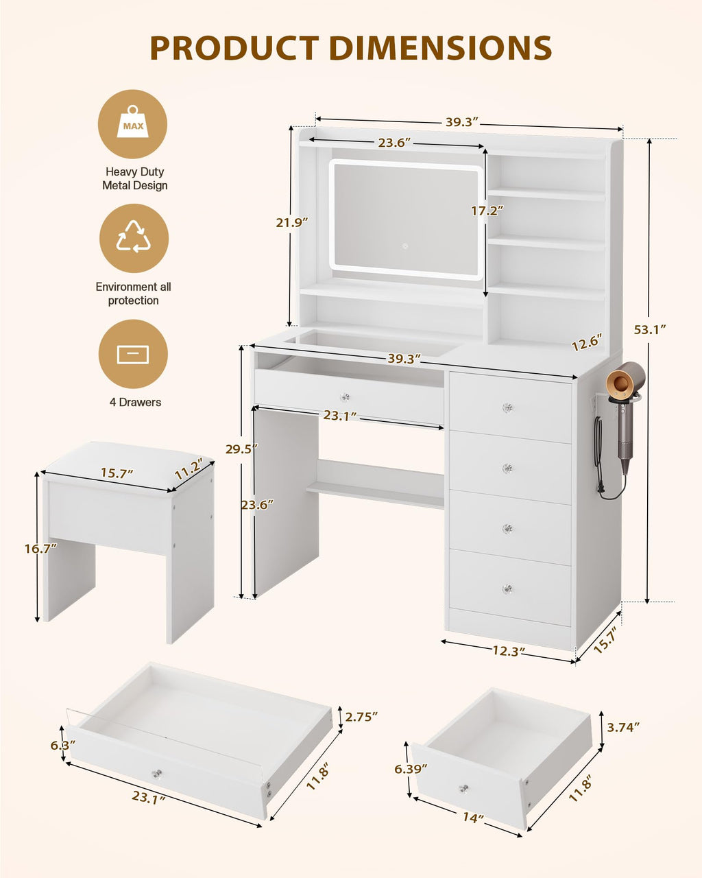 White Vanity Desk Set with Glass Desktop E702868