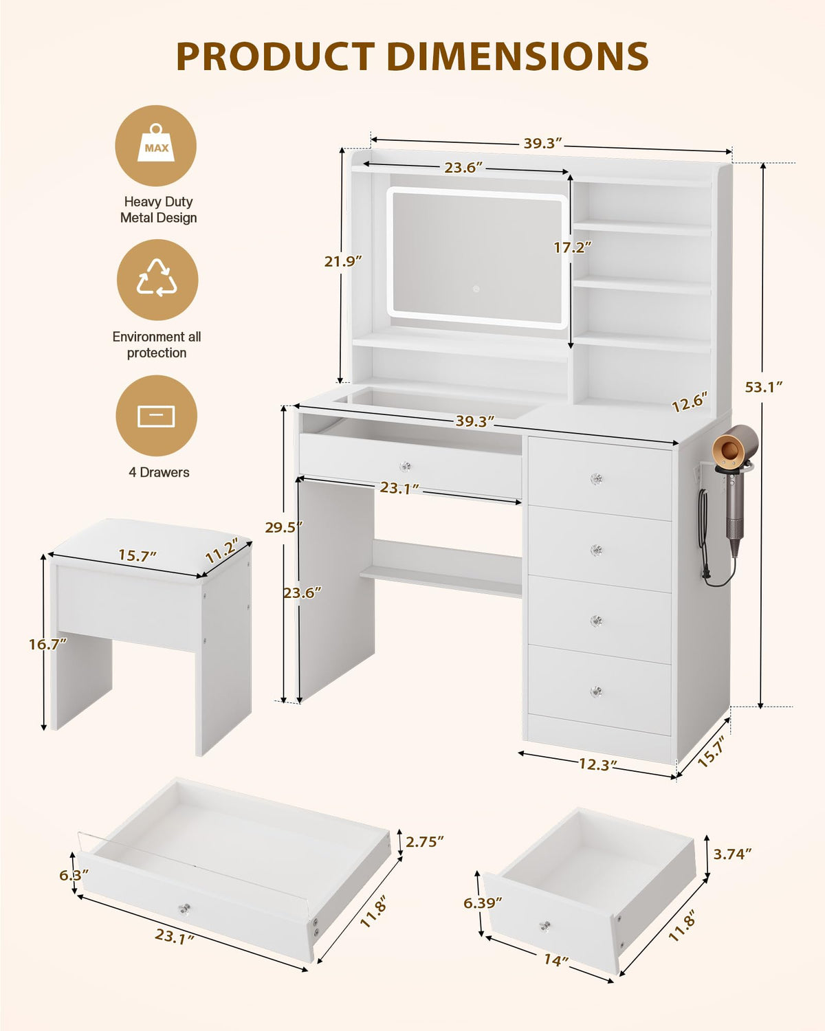 White Vanity Desk Set with Glass Desktop E702868