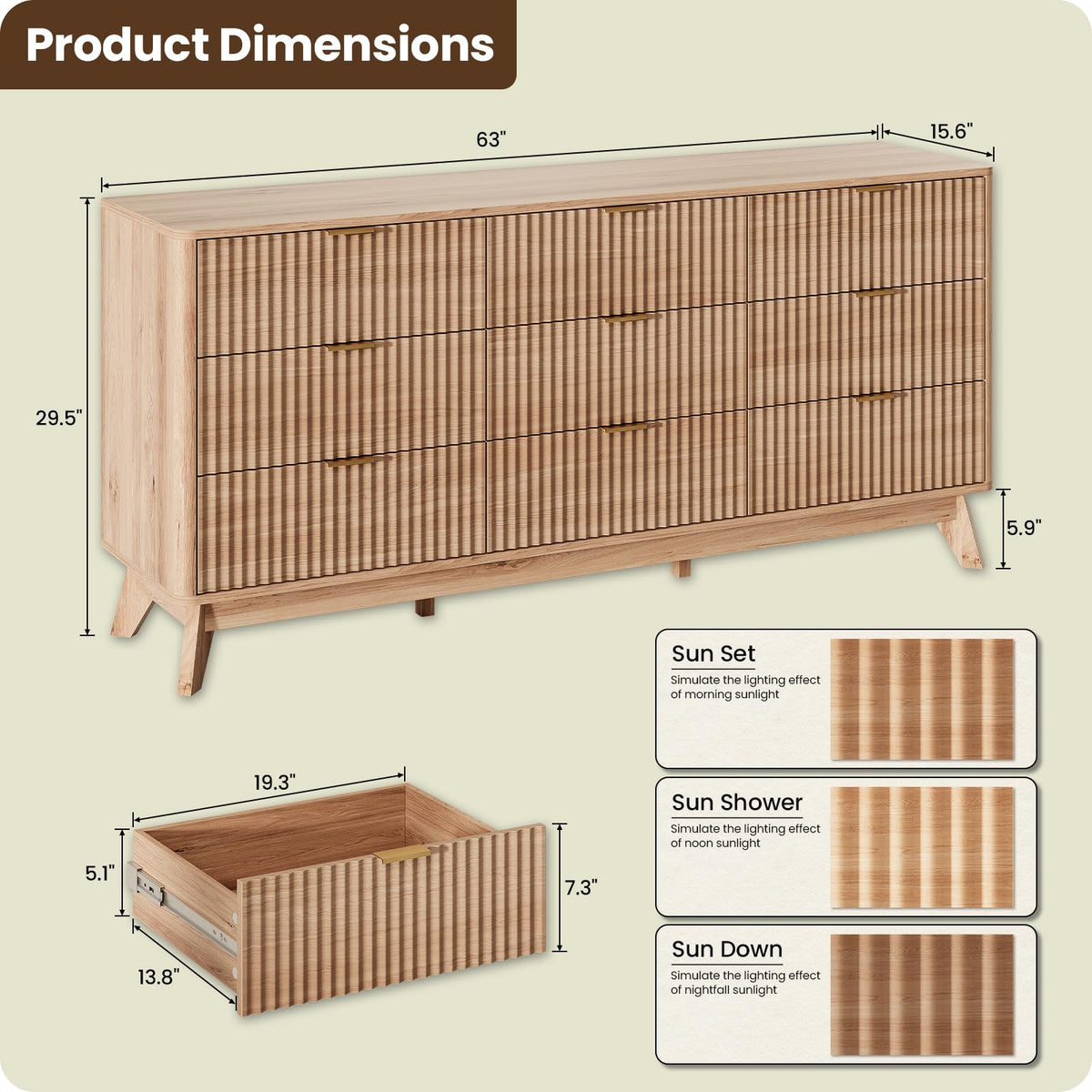 63" Wide Fluted 9 Drawers Oak Dresser S102