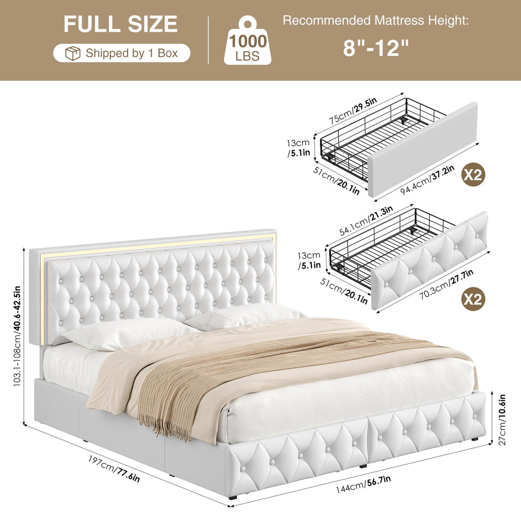 White Full Size LED Bed Frame with 4 Storage Drawers and Adjustable Headboard O505506