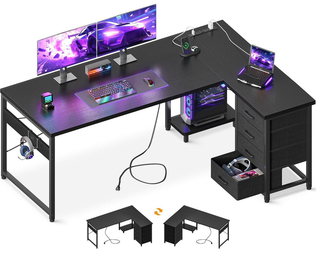 61" L Shaped Gaming Desk with 4 Drawers and Power Outlets, Black M211342