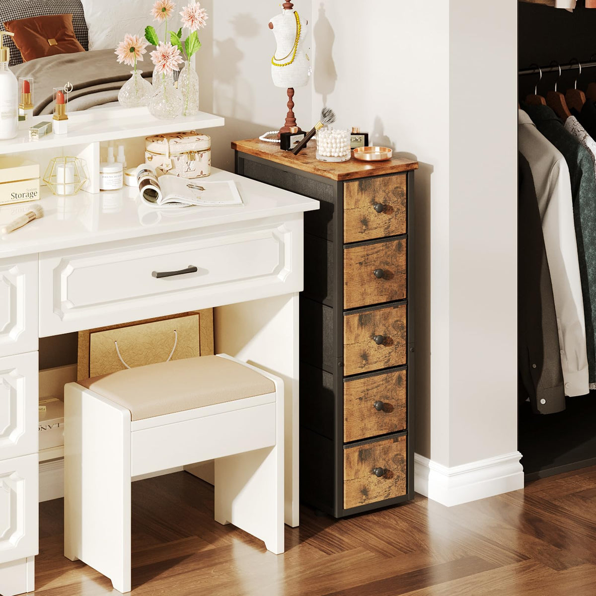 Narrow 5 Fabric Drawers Rustic Brown Dresser J21828