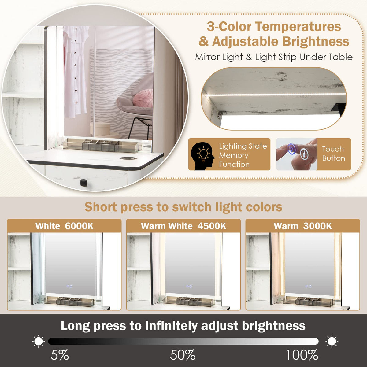 Makeup Vanity Table with Lighted Mirror and Stool R79470