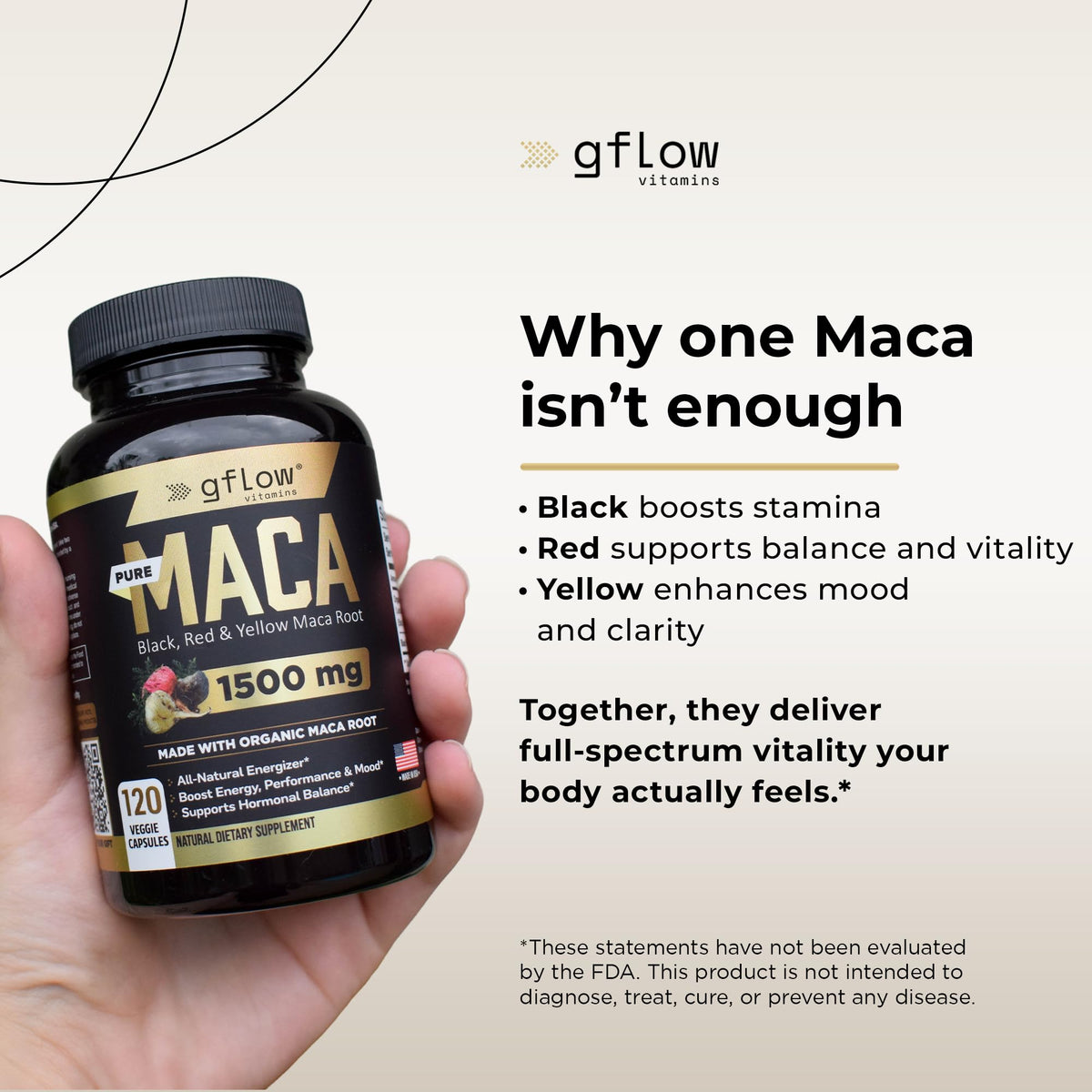 Organic Maca Root Capsules - Black, Red, Yellow Peruvian Maca Root Extract & Black Pepper - 120 Vegan Pills P8613
