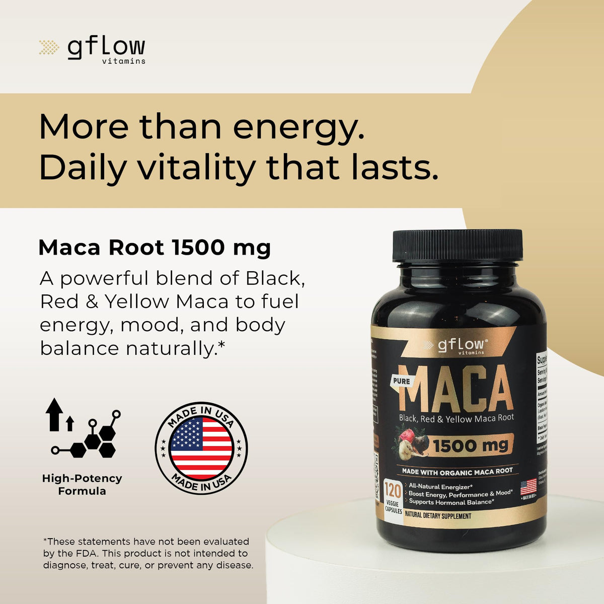 Organic Maca Root Capsules - Black, Red, Yellow Peruvian Maca Root Extract & Black Pepper - 120 Vegan Pills P8613