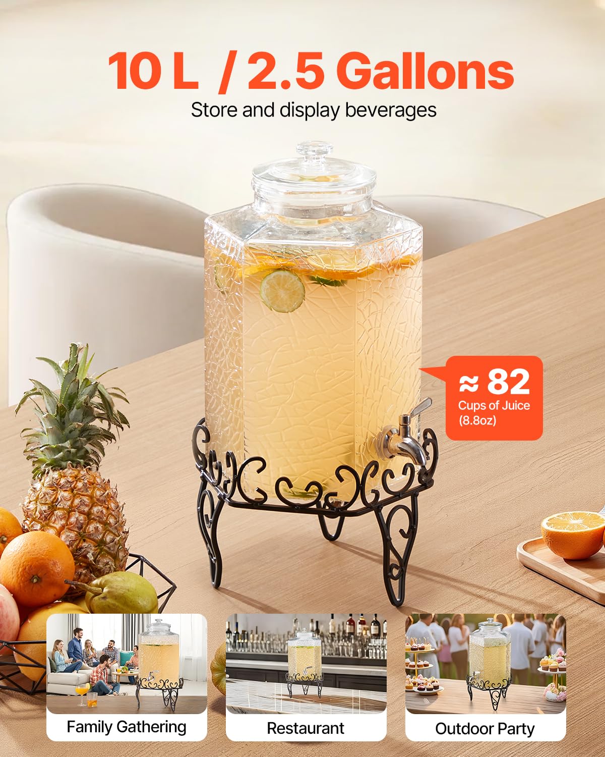 2.5 Gallon Glass Beverage Dispenser with Metal Stand H984