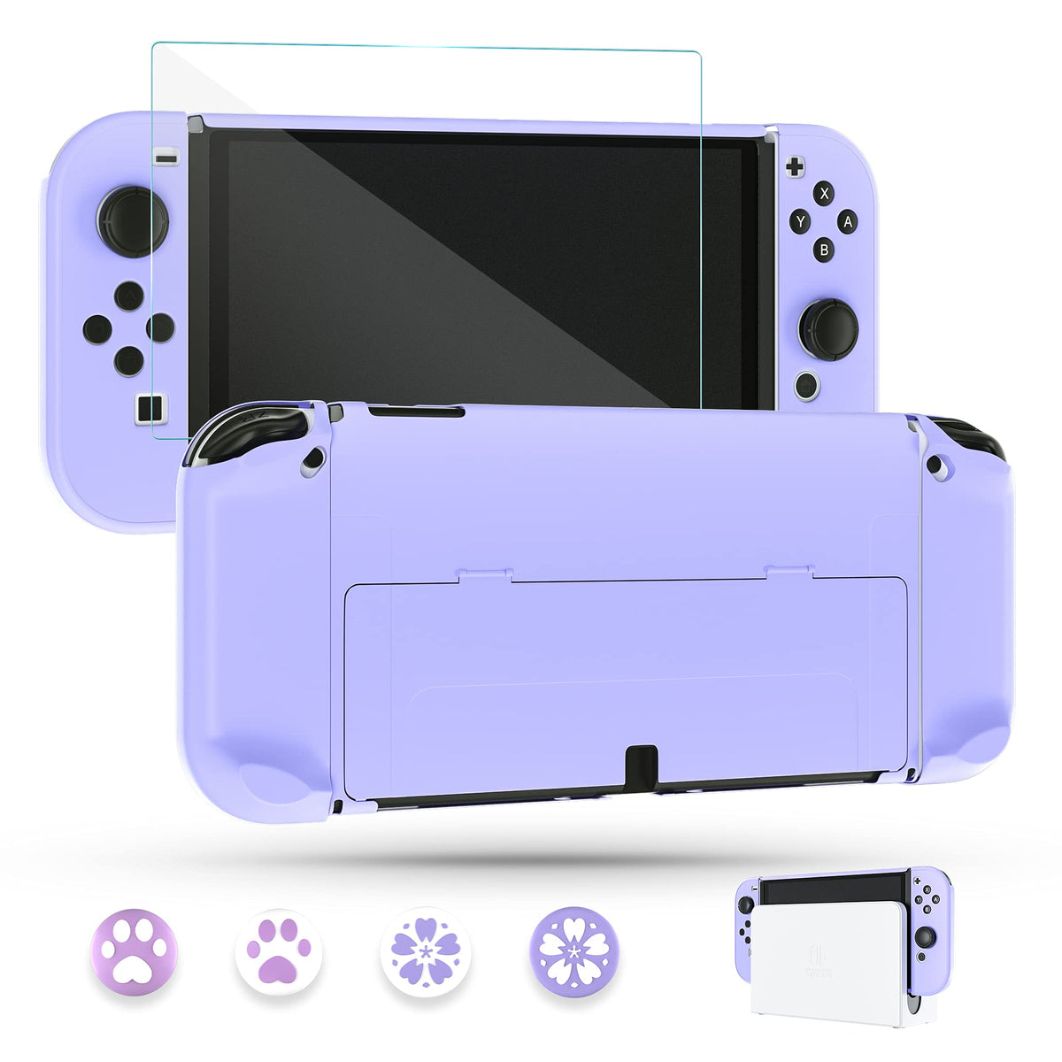 Purple Case for Nintendo Switch OLED Model with Screen Protector and 4 Thumb Grip Caps C5604