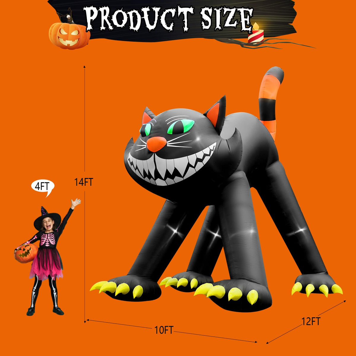 14FT Inflatable Black Cat Halloween Decoration with 7 LED I352