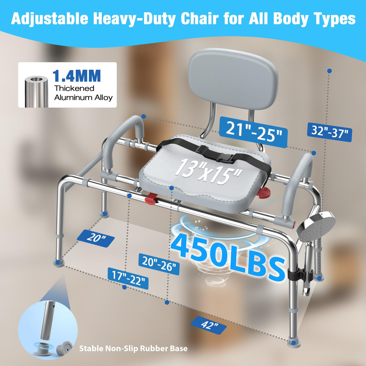 Sliding Shower Chair Tub Transfer Bench with Swivel Seat, 450lbs, Adjustable Height, Gray U583