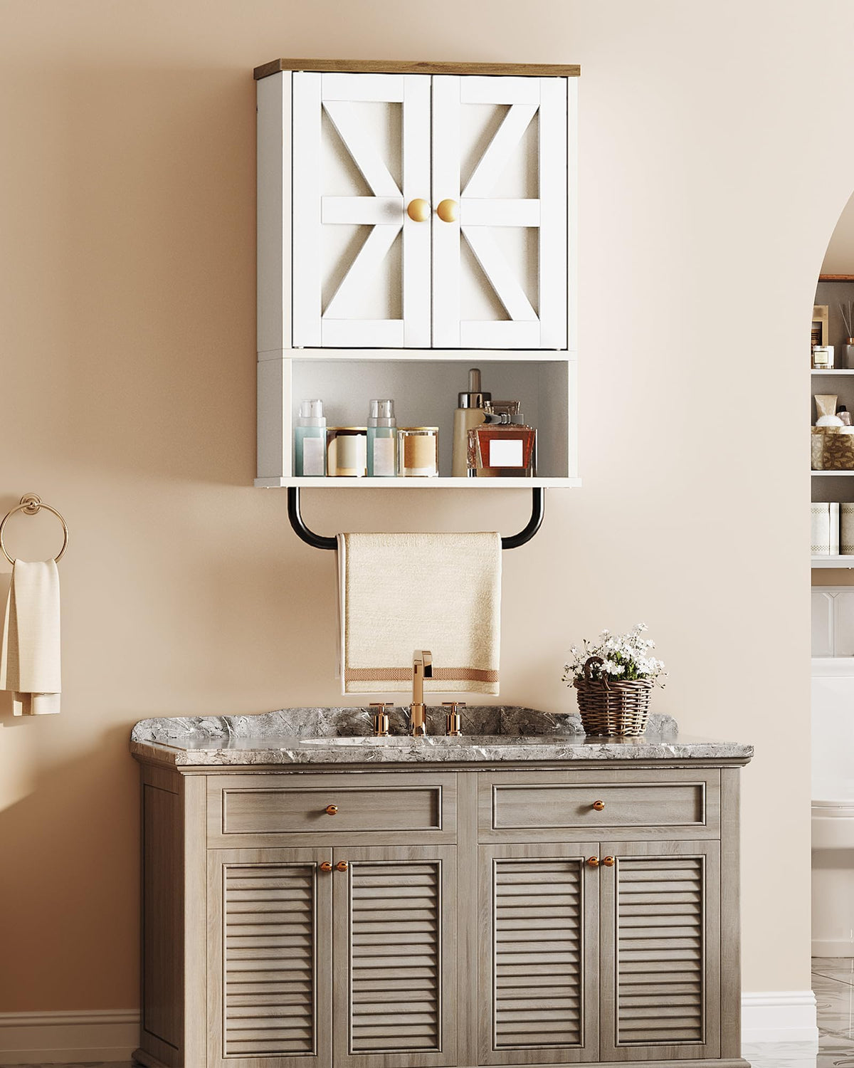 White and Walnut Bathroom Wall Cabinet with Towel Bar U889640