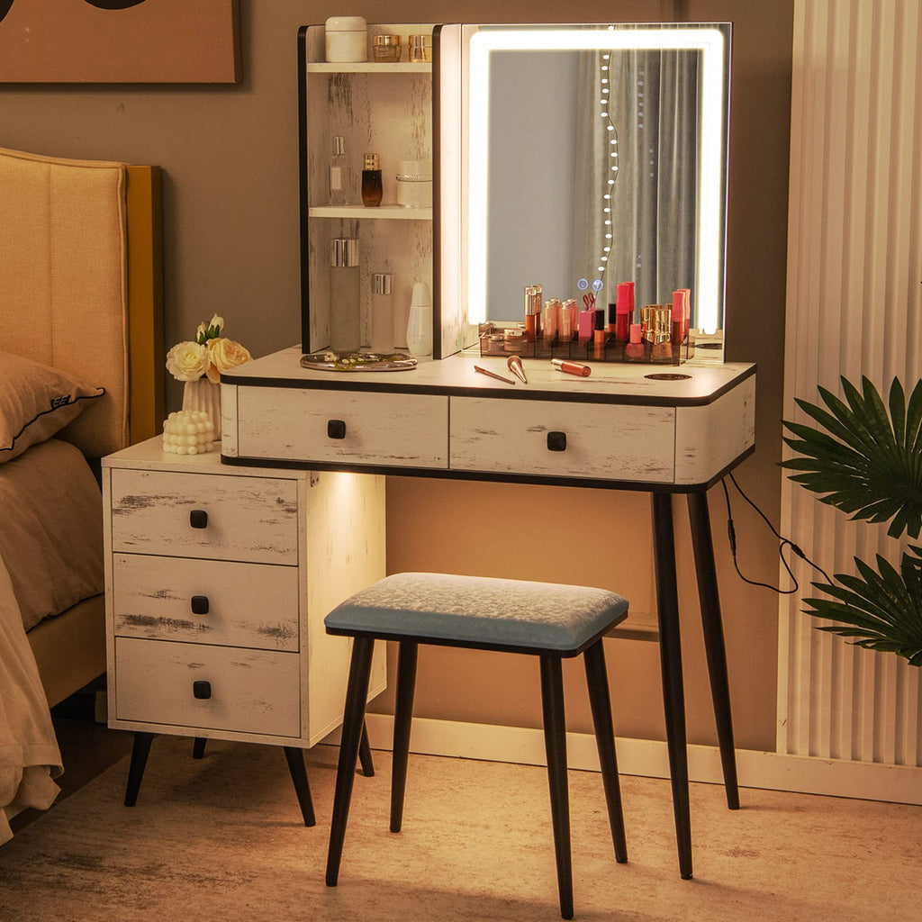 Makeup Vanity Table with Lighted Mirror and Stool R79470