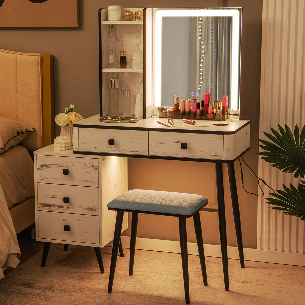 Makeup Vanity Table with Lighted Mirror and Stool R79470