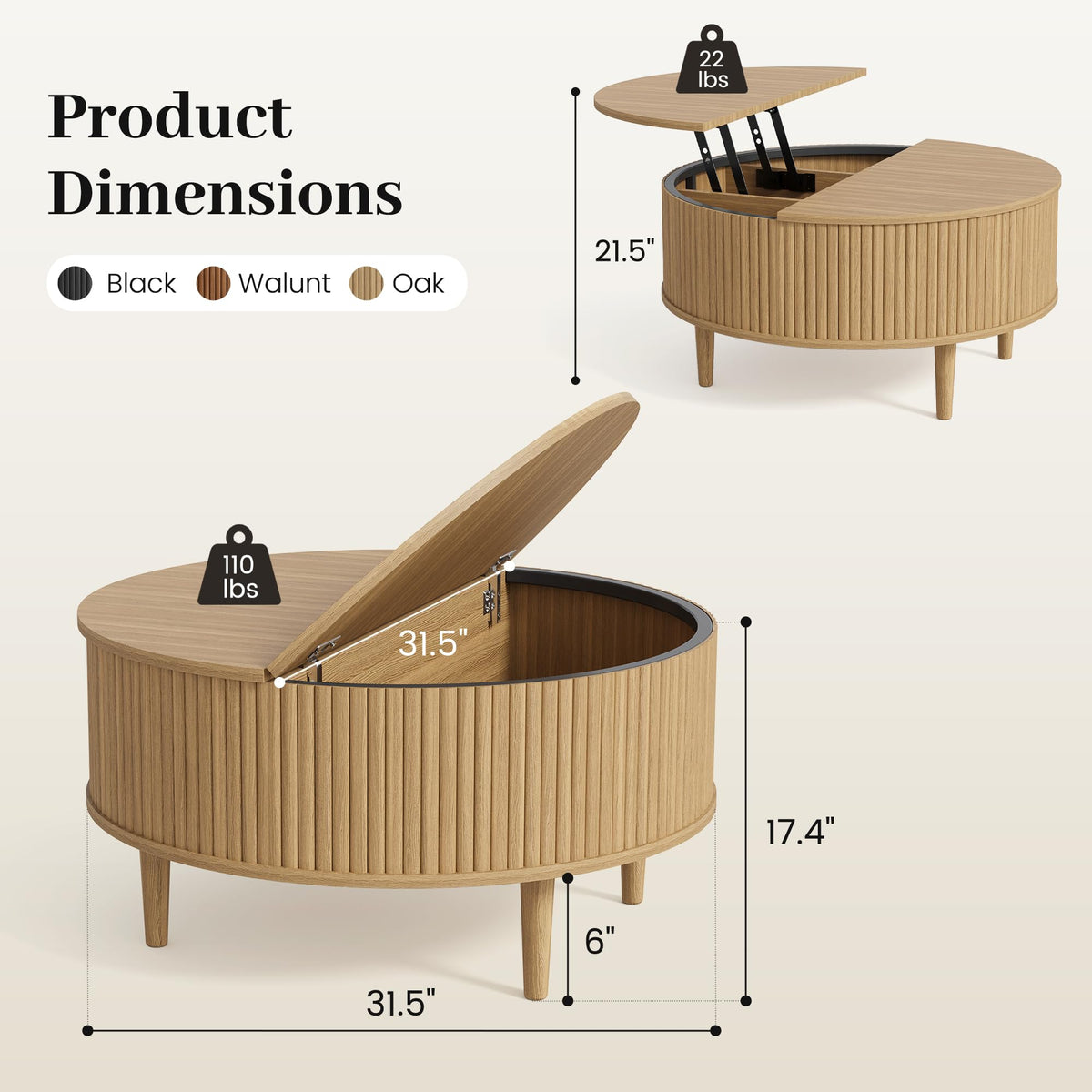 31.5" Round Lifting Top Coffee Table with Storage H188