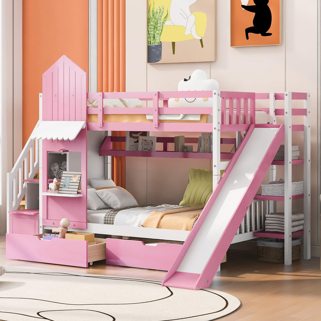 Twin Over Twin Bunk Bed with Slide, 2 Drawers & 3 Shelves K9568