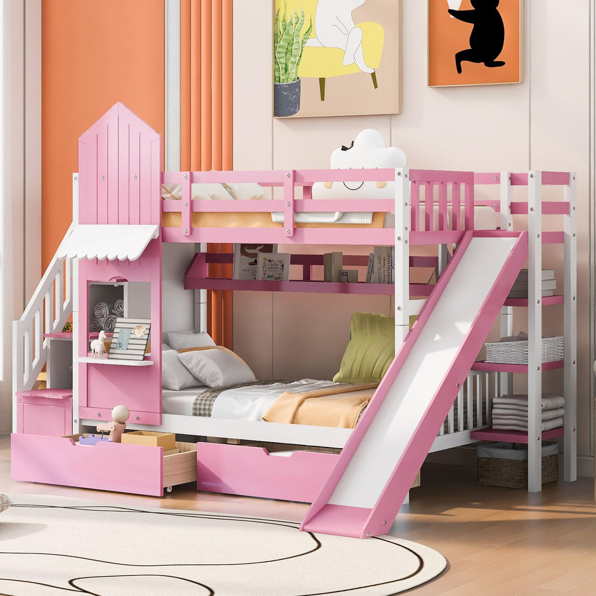 Twin Over Twin Bunk Bed with Slide, 2 Drawers & 3 Shelves K9568
