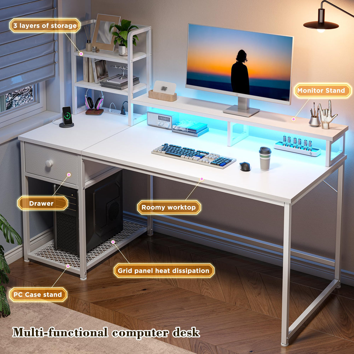44" White Gaming Desk with Hutch & Shelves J164