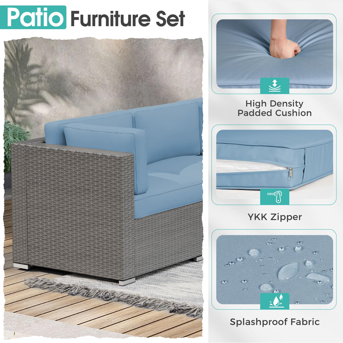7 Piece Grey Wicker Rattan Patio Furniture Set with Glass Coffee Table N85144