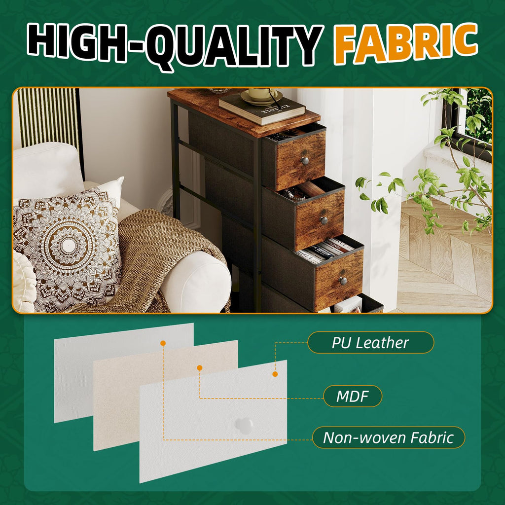Narrow 5 Fabric Drawers Rustic Brown Dresser J21828