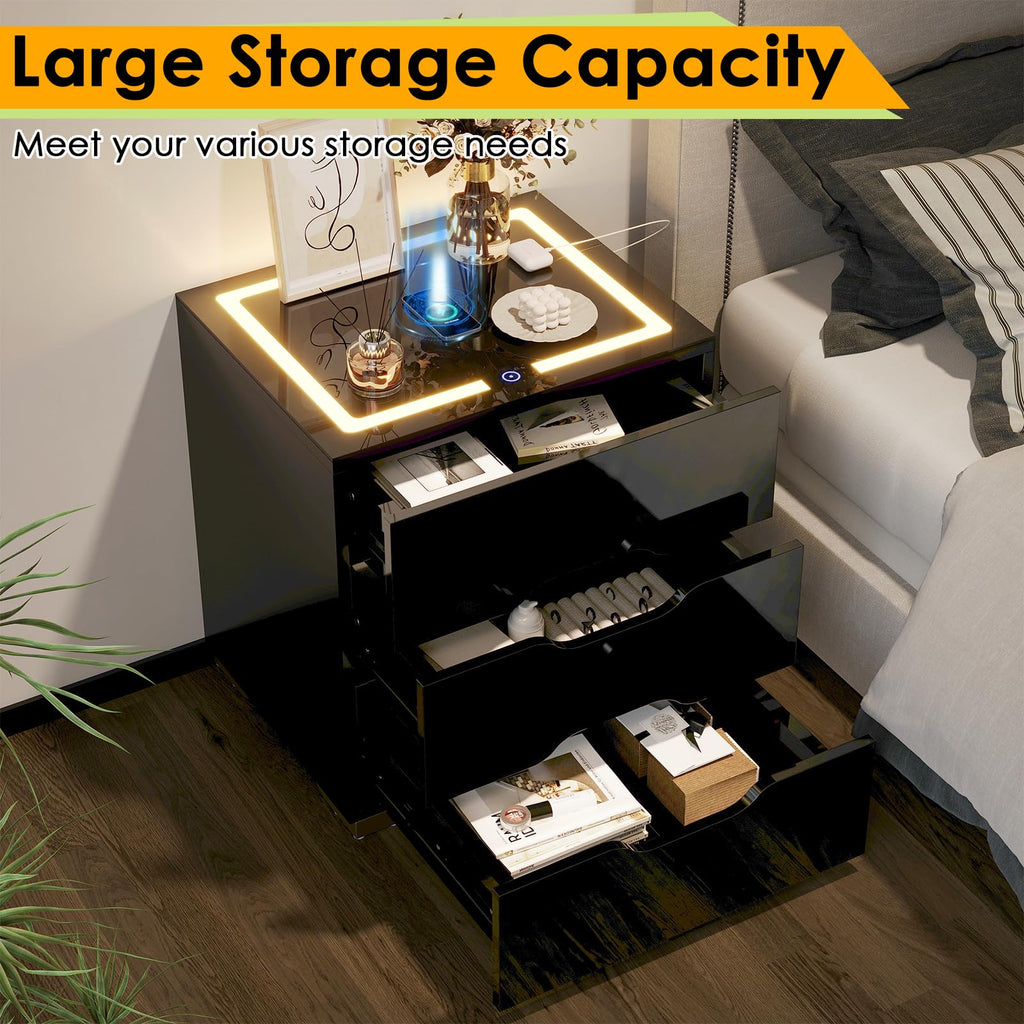 LED Nightstand with Wireless Charging Station 3 Drawers I94893