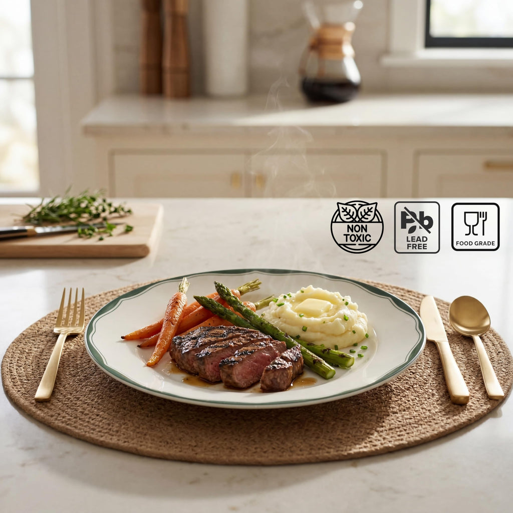 12-Piece Porcelain Dinnerware Set for 4, White & Sage Green Plates and Bowls Set C492