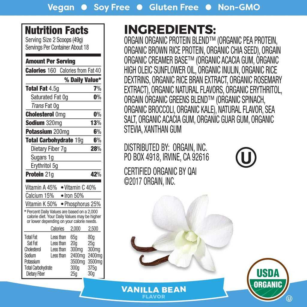 Organic Vegan Protein Powder + Greens, Vanilla Bean, 21g Plant Based Protein, 1.94lb X410
