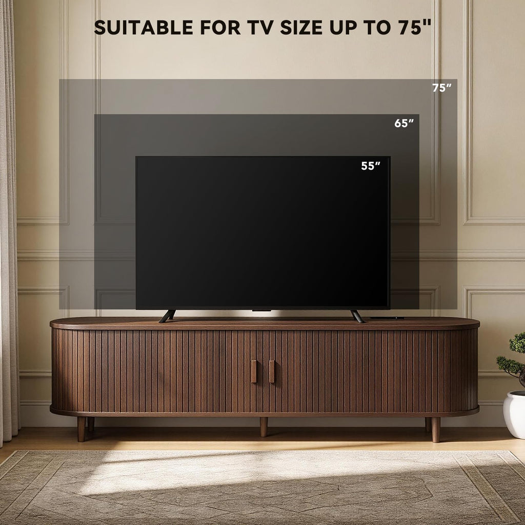 65" Walnut Wood TV Stand with Power Outlet and Sliding Doors U233880