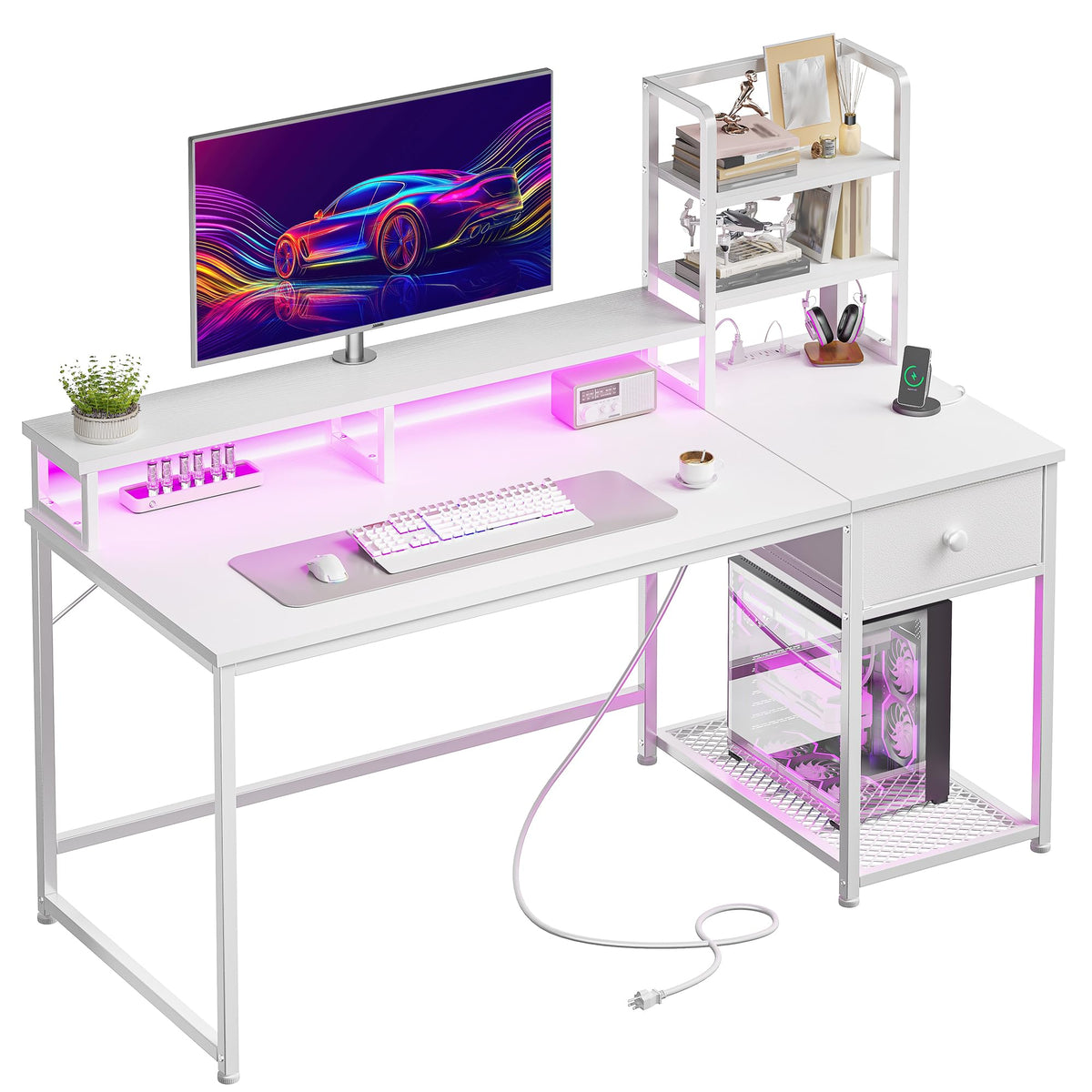 44" White Gaming Desk with Hutch & Shelves J164