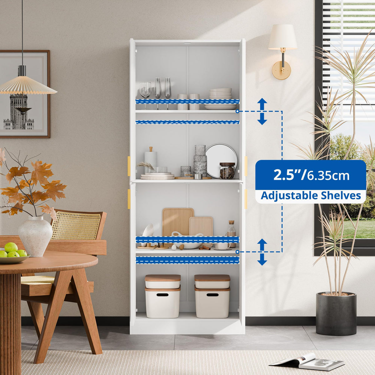 White Wood Storage Cabinet with Doors and Shelves N84732