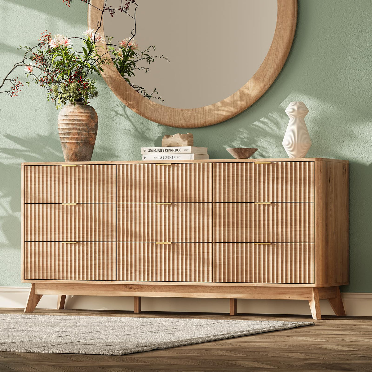 63" Wide Fluted 9 Drawers Oak Dresser S102