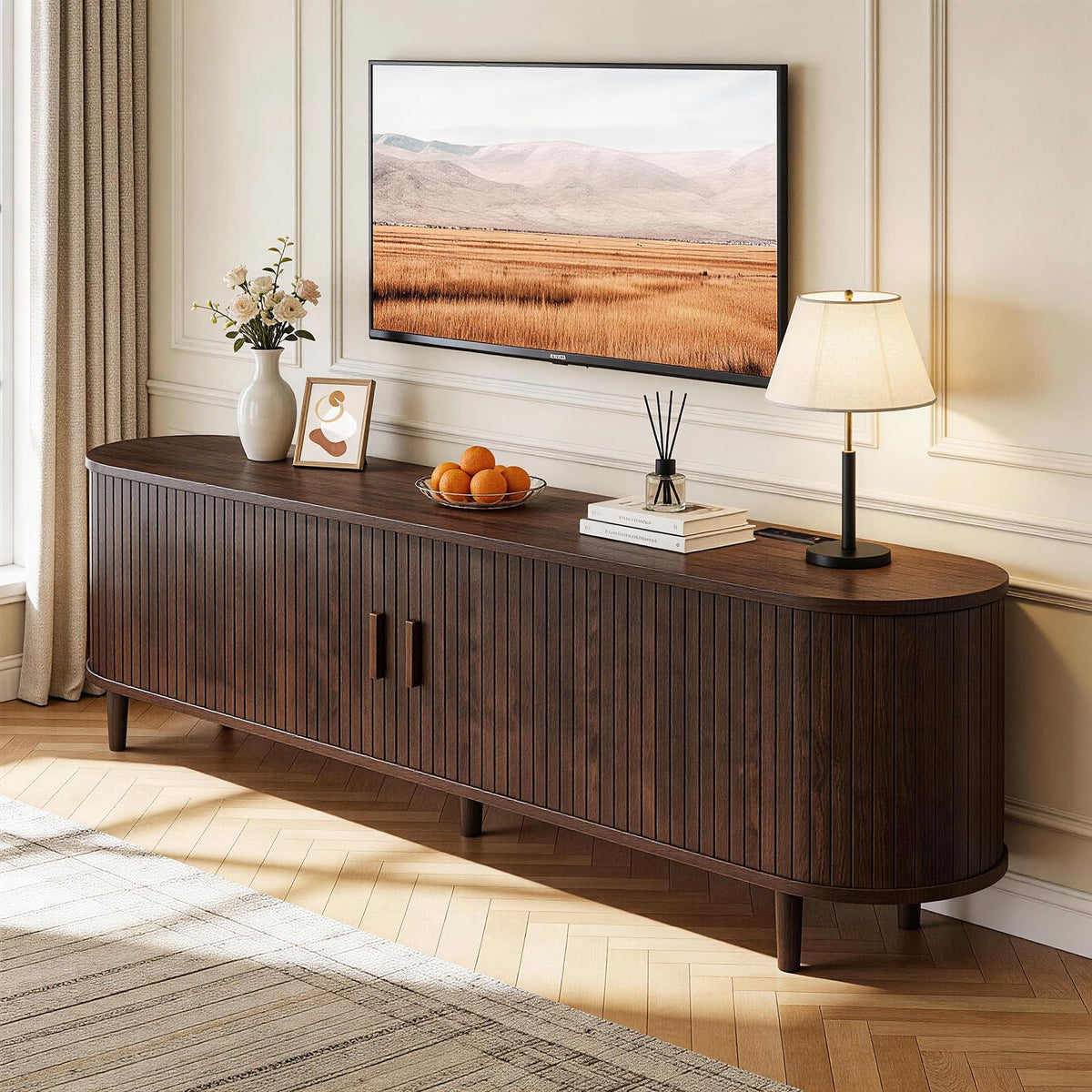 65" Walnut Wood TV Stand with Power Outlet and Sliding Doors U233880