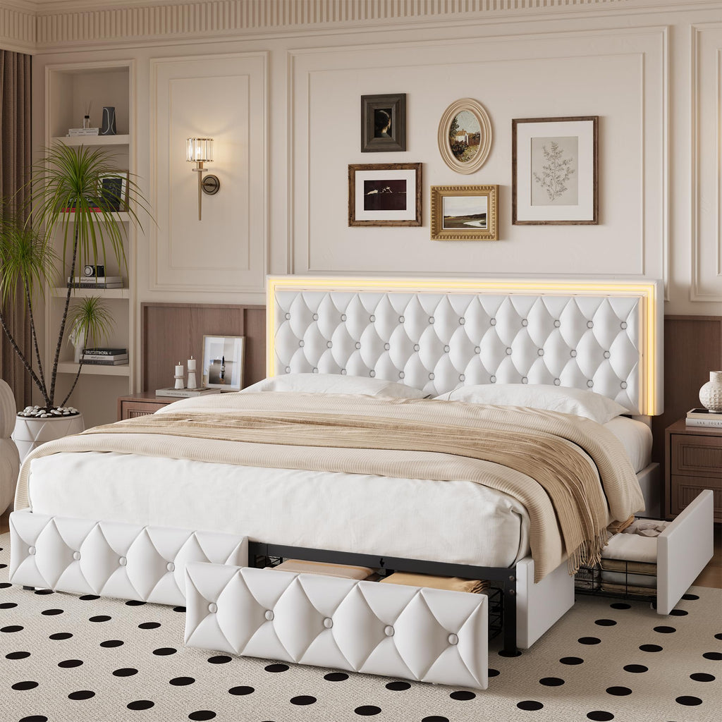 White Full Size LED Bed Frame with 4 Storage Drawers and Adjustable Headboard O505506